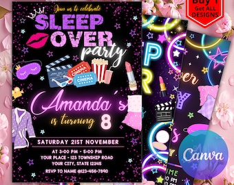 Sleepover Birthday Invitation, Printable Sleepover Invite, Slumber Party, Pajama Party, Retro Neon Light Editable Template, Sleepover