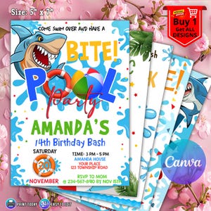 Shark Pool Party Invitation, Shark Birthday Invitation, Shark Pool Party, Shark Birthday, Shark Party, Digital File CANVA