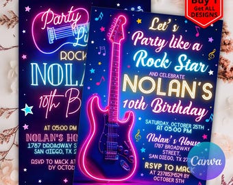 Modèle d'Invitation d'anniversaire rockstar, guitare modifiable, invitation à une fête d'anniversaire, invitation d'anniversaire de star du rock, invitation de fête rock and roll