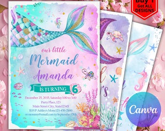 Invito di compleanno modificabile a tema sirena, invito a tema sirena, invito a tema sirena sotto il mare, invito a una festa a tema sirena, Canva