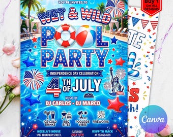 Red White Blue 4th Of July Birthday Invitation, July 4 Pool Party Invite, Printable Summer Little Firecracker Pool, Editable CANVA