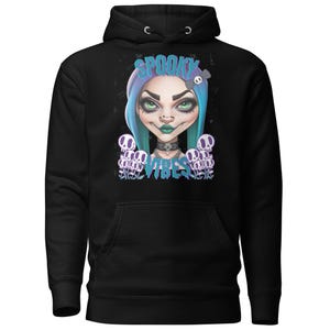 Spooky Vibes Goth Pullover Hoodie: Skull Graphic, Striped Sleeves