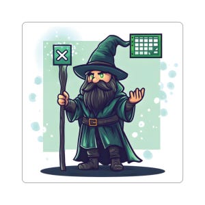 May include: A cartoon illustration of a wizard in a green robe and hat, holding a staff with an X symbol. The wizard has a long beard and is gesturing with his hand. A grid is in the background.