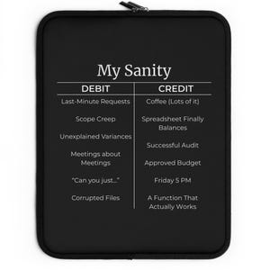 May include: Black laptop sleeve featuring the words "My Sanity" and a list of "DEBIT" and "CREDIT" items. The debit side includes "Last-Minute Requests" and "Corrupted Files." The credit side includes "Coffee (Lots of it)" and "Friday 5 PM."