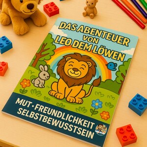 May include: A children's book titled "DAS ABENTEUER VON LEO DEM LÖWEN" featuring a cartoon lion, rabbit, and rainbow. The cover has the words "MUT • FREUNDLICHKEIT SELBSTBEWUSSTSEIN". The image includes toy blocks, coloured pencils, and stuffed animals.