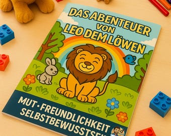 以下が含まれることがあります： 「DAS ABENTEUER VON LEO DEM LÖWEN」というタイトルの子供向けの本。漫画のライオン、ウサギ、虹が描かれています。表紙には「MUT • FREUNDLICHKEIT SELBSTBEWUSSTSEIN」という言葉があります。画像には、おもちゃのブロック、色鉛筆、ぬいぐるみなどが含まれています。