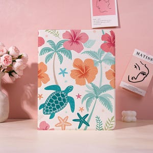 May include: A tablet case featuring a tropical design with pink hibiscus flowers, orange flowers, palm trees, and a teal sea turtle. The case also includes starfish and other floral elements on a cream background.