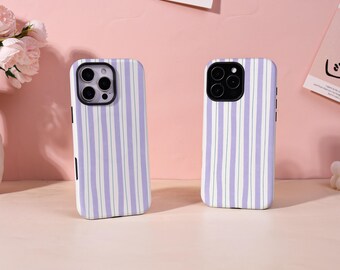 Purple-White Stripe Simple iPhone Case For  iPhone 17 16e 16 15 14 13 Pro Max Plus Mini SE,iPhone 13 12 Tough iPhone Cover,Trendy Tough Case