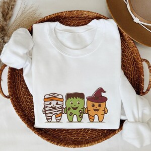 Bluza z haftowanymi zębami na Halloween, jesienna bluza z okrągłym dekoltem, słodka koszulka z postacią z kreskówek, prezent na jesień, prezent świąteczny, upiorny strój sezonowy