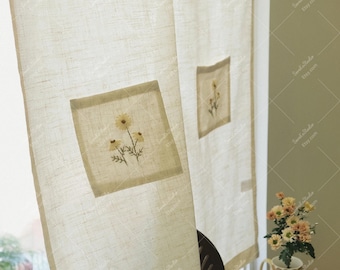 Linen Floral Embroidered Noren Curtain, Beige Split Doorway Panel, Japanese Entry Divider