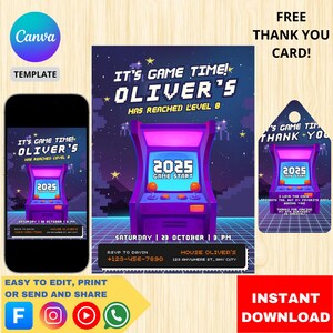 Arcade Invitation, Arcade Birthday Invitation, Arcade Party, Arcade Neon Game Invite, Instant Download, Printable, Editable, Canva Template