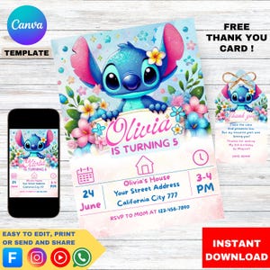 Stitch Birthday Invitation Editable Template, Canva Editable Birthday Invitation, Stitch Birthday Party Invitation, Invite Canva Template