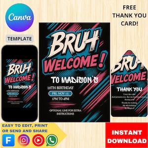 Editable Bruh Birthday Invitation Template for Boys, Funny Printable Party Invite, DIY Digital Birthday Card, Instant Download