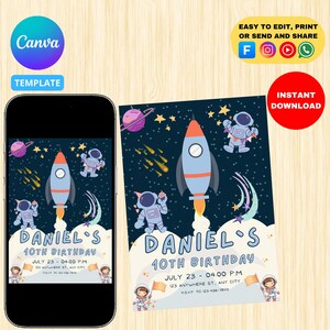 Blauwe geïllustreerde Space Galaxy Stars Astro verjaardagsjongen digitale uitnodigingskaart | Bewerken, downloaden, delen via telefoon of online