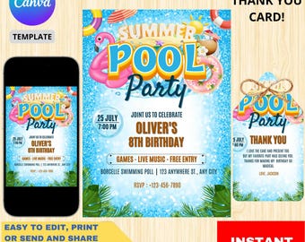 Animated Pool Party Evite: Summer Birthday Text Invitation (5x7 Digital Download)