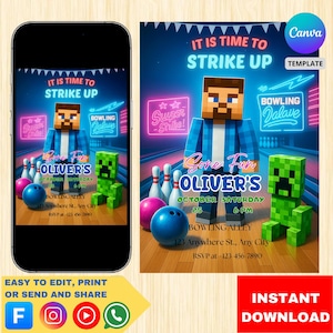 Sjabloon verjaardagsuitnodiging Minecraft-verjaardag: aanpasbare uitnodiging voor kinderen, digitale download, bewerkbare tekst
