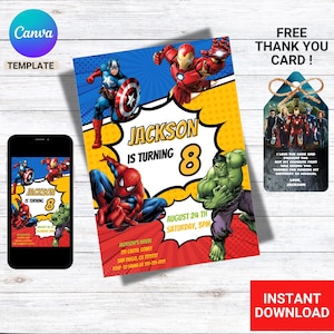 Modelo de convite de aniversário de super-heróis editável | Convite para festa infantil para imprimir | Cartão digital faça você mesmo para comemoração de meninos e meninas