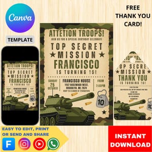Faire-parts militaires modifiables – Modèle d'invitation d'anniversaire militaire imprimable pour garçons, thème camouflage, téléchargement immédiat