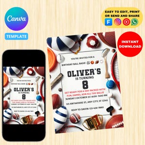 Sports Birthday Invitation Baseball Basketball Football Printable Sports Theme Invitation Template Ball Sports Birthday Party Invitation
