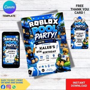 May include: A digital invitation template for a Roblox pool party featuring block-style characters, blue water graphics, and text including Kaleb's 8th birthday, date, time, and location details, accompanied by a matching thank you card design.