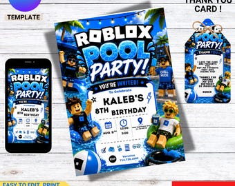 Roblox Pool Party Invitation | Editable Canva Boys Birthday Template (Digital Download)