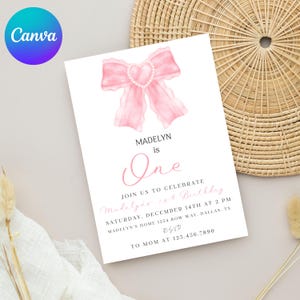 Pink Bow 1st Birthday Invitation: Editable Coquette Party Template (PDF)