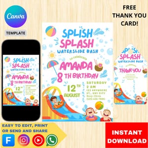 Editable water Slide Birthday Invitation. Backyard Waterslide Splash. Pool Party Birthday Invite. Water Park Invitation. Girl Pink Birthday.