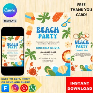 Editable Neon Beach Party Invitation: Tropical Tie Dye (5x7, Digital Download, PDF Template)