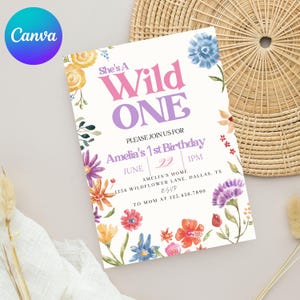 She&#39;s A Wild One 1st Birthday Invitation, Wildflower Theme, Pink and Purple, Girl Birthday Invite
