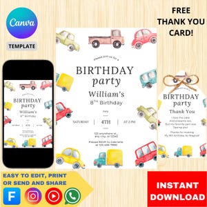 Transportation Birthday Invitation, Truck and Cars Birthday, Truck Birthday Invitation, Train, Cars Birthday Invite, Digital Download