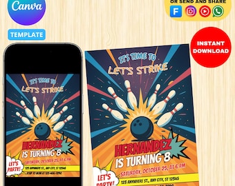 Neon Bowling Birthday Invitation: Editable 5x7 Party Template (Digital Download