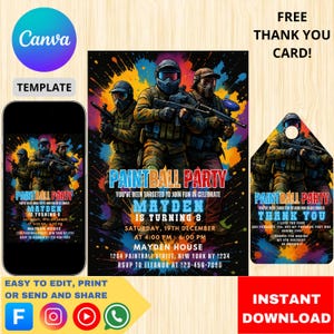 Paintball Invitation Birthday Party Invite Digital Printable Paint Ball Game Invitation for Kids and Adults