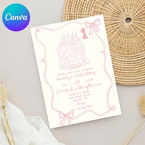Pink Bow 1st Birthday Invitation: Editable Coquette Party Template
