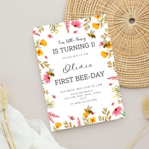 Bee Birthday Invitation, Bee 1st Birthday Invite, 1st Bee Day Invitation, Honey Bee Party, Floral Bee Theme, Editable Girl Birthday