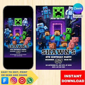Invitación de fiesta de cumpleaños con temática de Minecraft, tarjeta digital imprimible para niños, celebración de amantes de Minecraft