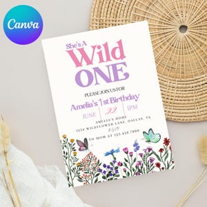 Wildflower 1st Birthday Invitation: Pink Purple Design (Digital)