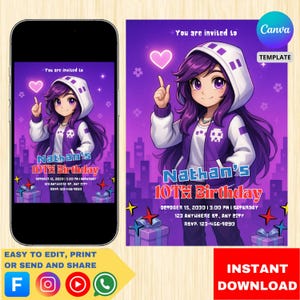 Aphmau Birthday Invitation: Purple Anime Theme (5x7 Digital Download)