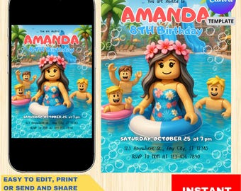 Roblox Pool Party Birthday Invitation: Summer Kids Digital Download