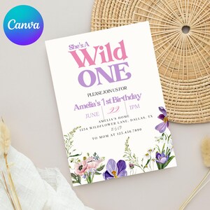 Pink and Purple Wildflower 1st Birthday Invitation, She&#39;s A Wild One, Girl Birthday Invite