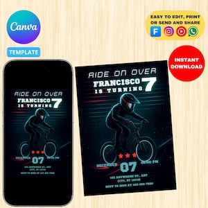 Faire-part d'anniversaire BMX, modèle de toile modifiable, invitation à une fête BMX pour garçons, téléchargement numérique, invitation personnalisable pour vélo BMX, carte de tout âge