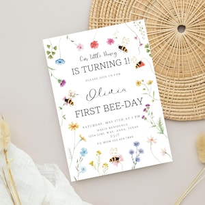 Honey Bee Birthday Invitation, Bee Day Invite Girl, 1st Birthday Editable Template, Floral Bee Theme Party, Printable Invite