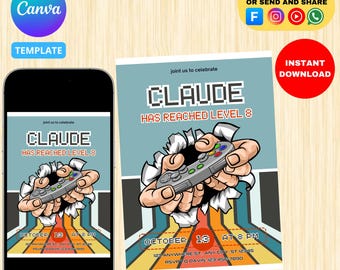 Invitación para fiesta de cumpleaños de videojuegos: Control de videojuegos, personalizada, 5x7 (descarga digital)