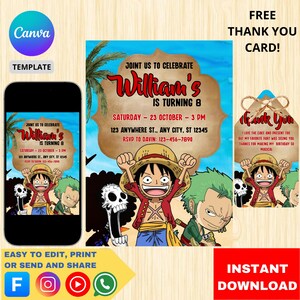 one piece Birthday Invitation Editable luffy Birthday Invitation Mugiwara Birthday Party Kids Birthday invite cute invitation Template