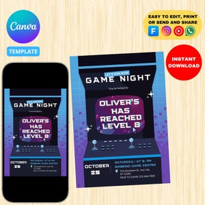 Arcade Invitation, Arcade Birthday Invitation, Arcade Party, Arcade Neon Game Invite, Instant Download, Printable, Editable, Canva Template