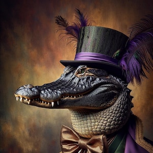 May include: A green, purple and gold alligator wearing a top hat with purple feathers and a bow tie. The alligator is wearing a purple jacket with gold trim and a green waistcoat with gold buttons.