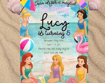 May include: A colorful invitation for a pool party, featuring illustrations of Disney princesses. The invitation reads "Join us for a magical Pool Party" and announces Lucy's 5th birthday, with date, time, and RSVP information.