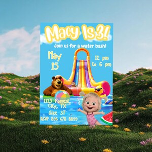 Op de afbeelding: Een blauwe uitnodiging voor een verjaardagsfeestje met een waterthema. De uitnodiging toont een kleurrijke waterglijbaan, stripfiguren en de tekst "Macy Is 3!" samen met feestdetails. De datum is 15 mei, van 12.00 tot 18.00 uur.
