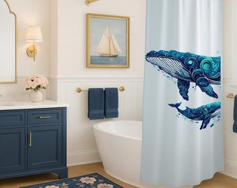 Blue Whale Shower Curtain: Coastal Marine Life Polyester Decor