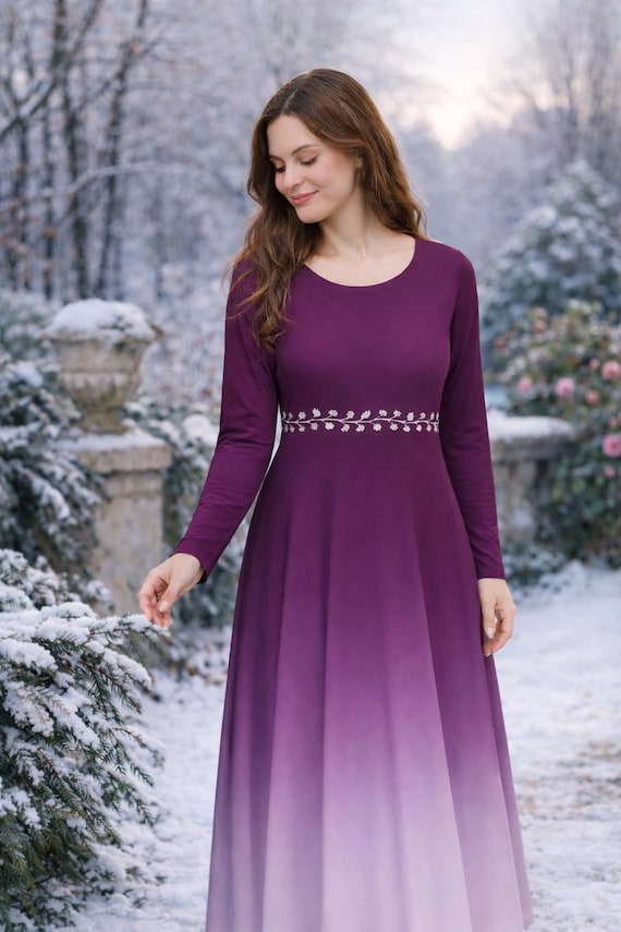 Amethyst Ombre Long Sleeve Midi Dress: Modest Fall Winter Spring Dance Dress Amethyst Ombre Long Sleeve Midi Dress: Modest Fall Winter Spring Dance Dress