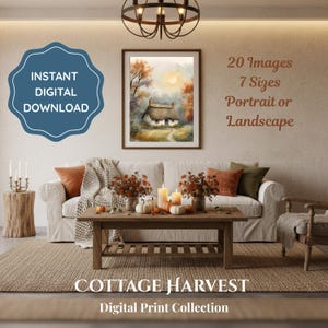 Peut inclure: Une scène de salon avec une impression encadrée d'une aquarelle d'un cottage. La pièce est décorée d'éléments sur le thème de l'automne, notamment des citrouilles et des compositions florales. Le texte "INSTANT DIGITAL DOWNLOAD" et "COTTAGE HARVEST" sont également visibles.